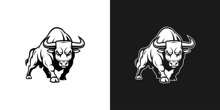 Bull illustration powerful animal mascot logo concept black and white