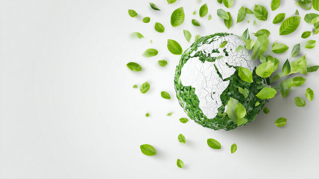 Green Future: Minimalist Earth Globe Map Integrated with Vibrant Natural Leaves.