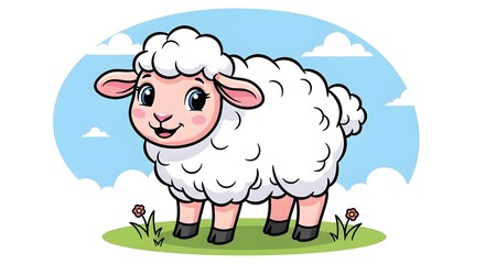 Obraz premium Cute fluffy little white sheep standing on a green grass field with a blue sky background in a fun cartoon style illustration for children farm animal themed graphic design projects