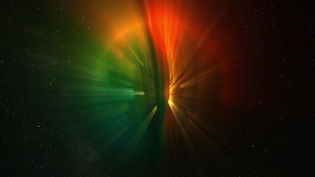 Abstract multicolor glow sphere with rays, science background. Bizzard planet structure in space, 4k