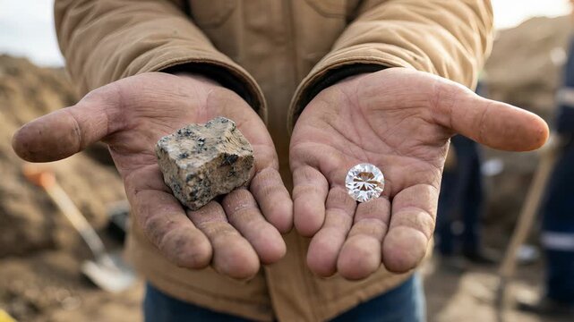 Close up of a mine worker's dirty hands holding a raw mineral rock in one palm and a large, brilliant cut polished diamond in the other, showing the transformation from rough stone to precious gem