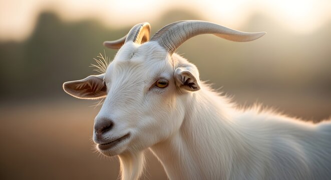 A close up portrait of a friendly white goat with curved horns standing outdoors in a peaceful rural meadow during a warm and beautiful golden hour sunset light in the countryside