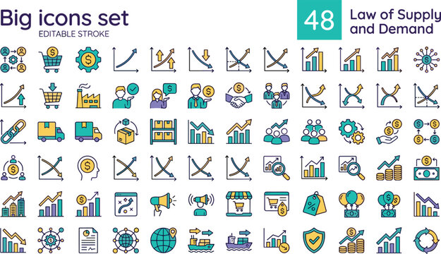 Law of supply and demand icon set color editable stroke collection economics market trade finance symbols for web UI design