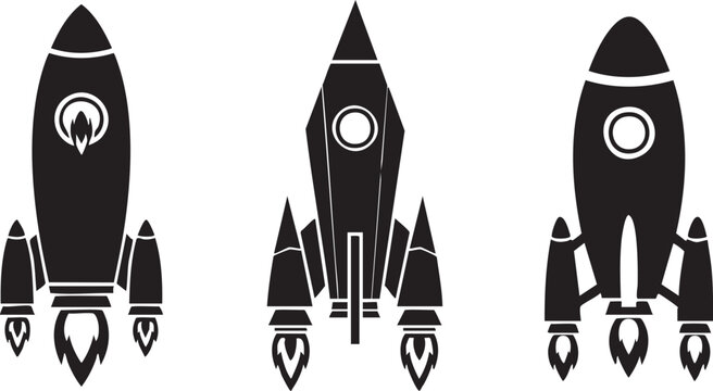 Three black silhouette rocket ships with flames space exploration iconography
