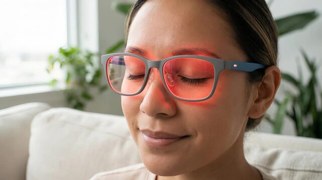 Young woman relaxing at home with her eyes closed, wearing innovative red light therapy glasses for a therapeutic session to improve well being, reduce eye strain, and promote relaxation