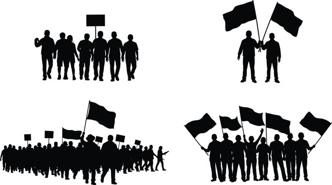 Protest crowd silhouettes with flags and banners isolated on white background, demonstration, activism, rally people group social movement vector illustration