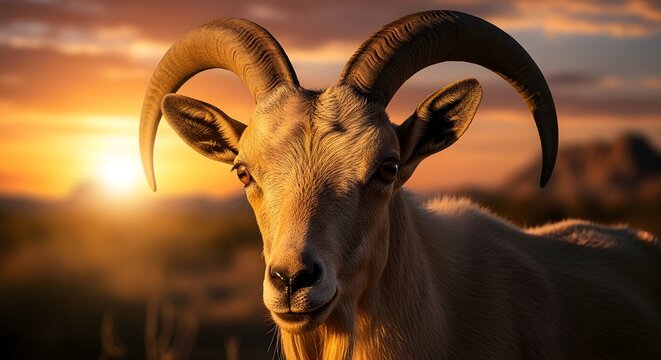 A majestic wild mountain goat with large curved horns standing during a beautiful golden sunset in the high rocky hills looking at the horizon with a calm and peaceful expression