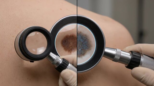 Close up of a doctor's gloved hand using a dermatoscope to examine a suspicious mole on a patient's back, a critical step in the early detection and prevention of skin cancer