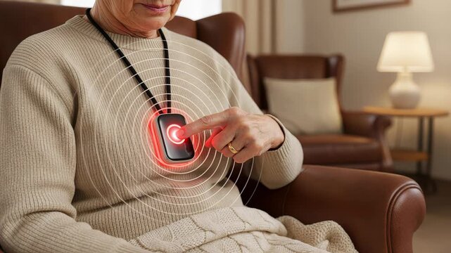 Senior woman sitting in an armchair pressing a personal medical alert system pendant for immediate assistance, with red light and signals indicating a call for help is being sent