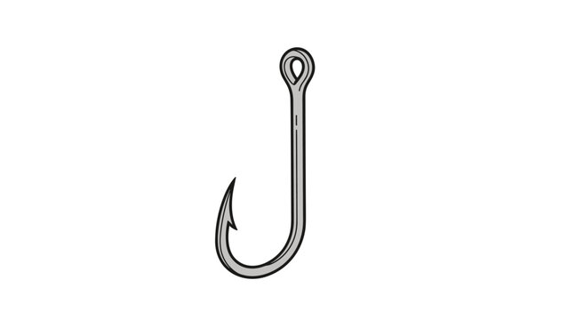 Detailed illustration of a sharp metal fishing hook with a barb and an eyelet isolated on a white background for tackle design.