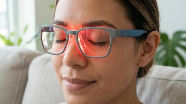 Serene woman meditating with her eyes closed while wearing innovative red light therapy glasses for a rejuvenating treatment session at home, promoting wellness and eye care