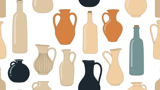 Elegant seamless pattern showcasing various shapes of ceramic jars bottles and pitchers in a variety of soft earthy tones.