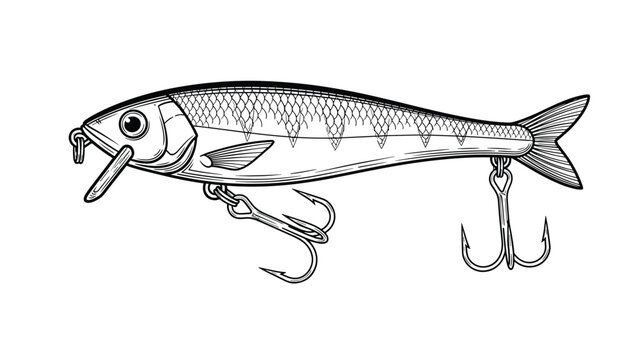 Detailed black and white line drawing of realistic fish shaped lure with sharp hooks for angling enthusiasts.
