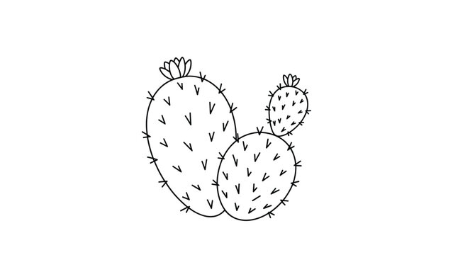 Simple black line drawing illustration of prickly pear cactus pads with tiny blooming flowers on a white background.