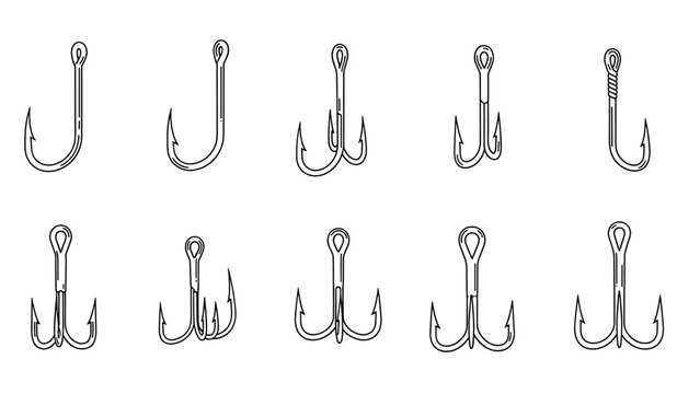 Set of ten different fishing hook designs including single, double, and treble hooks in black outline style on a white background.