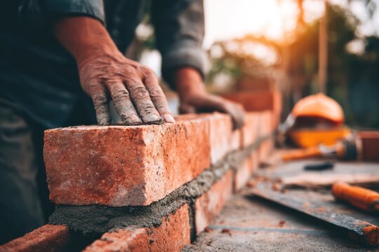 Construction worker laying red bricks precisely now