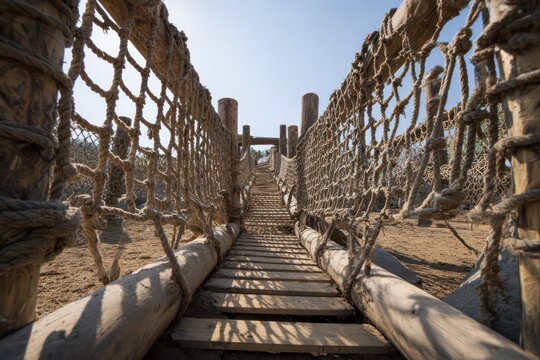 Outdoor obstacle course with rope nets and wood