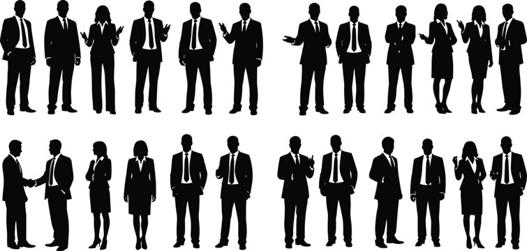 Business person silhouette set with professional men and women in suits shaking hands plus corporate workers posing for office designs