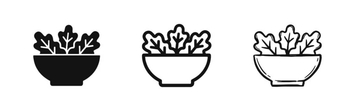 Healthy salad bowl icons with leaf greens in solid, outline, and hand-drawn styles for nutrition and diet.