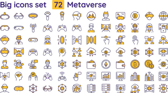 Metaverse icon set color editable stroke collection virtual reality blockchain gaming digital technology symbols for web UI design