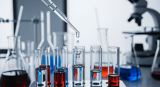 Laboratory researcher pouring liquid into test tubes filled with colorful reagents