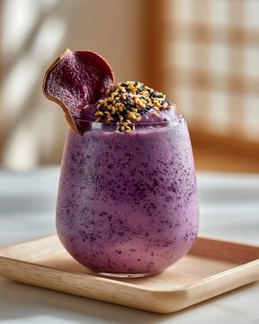 Refreshing purple beni imo smoothie with sesame seeds and garnish