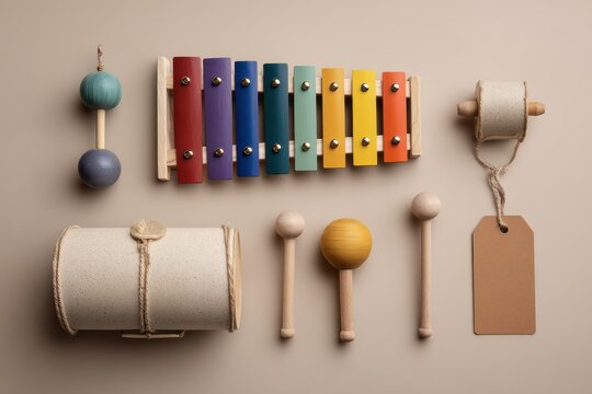Musical toy instruments with empty tag mockup