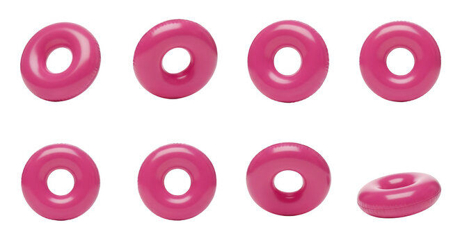 pink inflatable rings in multiple angles studio shot plain white background for summer vacation and pool themes