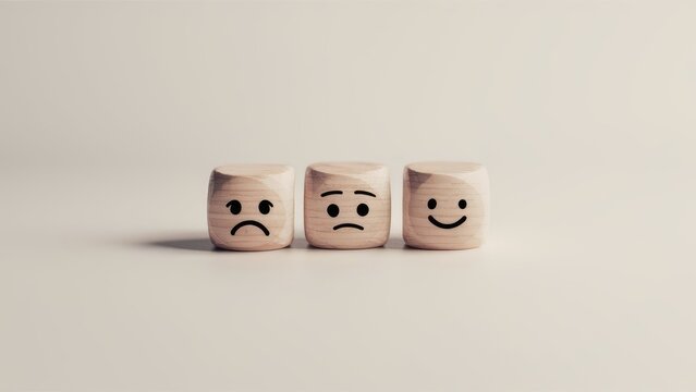 Three Wooden Blocks with Emotional Faces Showing Sadness Neutral and Happy Expressions on Light Background