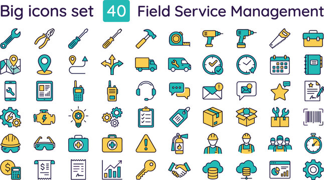 Field service management icon set color editable stroke collection maintenance repair logistics workforce tools symbols for web UI applications iu