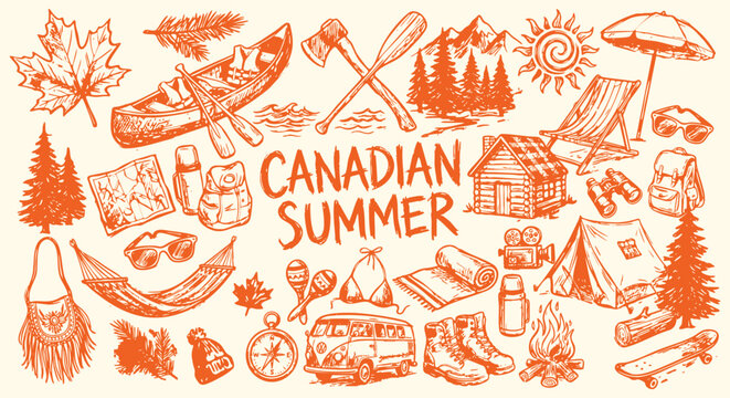 Hand drawn orange Canadian summer camping doodle icon set. Maple leaf, canoe, cabin, crossed axes, tent, campfire, mountains. For outdoor adventure brochure, nature poster. Vector art.