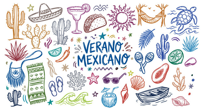 Hand drawn colorful doodle Mexican summer travel doodle icon set. Sombrero, cactus, taco, margarita, maracas, sea turtle, hammock. For tropical holiday flyer, festival poster. Vector graphic.