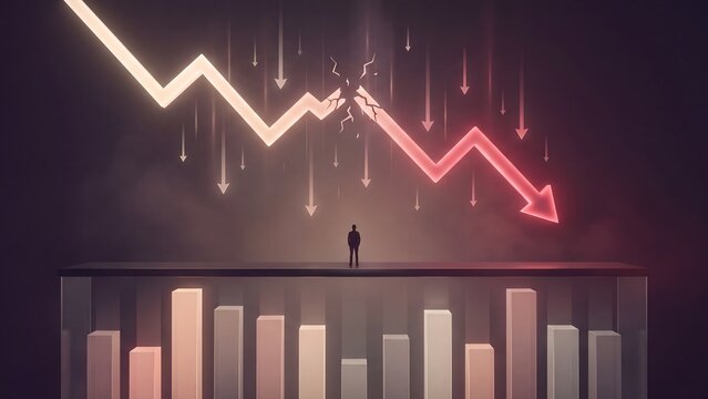 Silhouette Businessman Facing Broken Red Neon Downward Arrow Stock Market Crash Financial Crisis Recession Economic Collapse Concept Dark Dramatic 