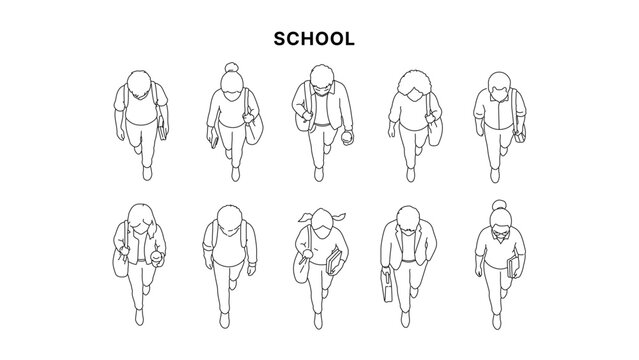 Top view line illustration of walking people set, diverse characters with bags and books in overhead perspective, clean minimal outline style for urban and architectural drawing use