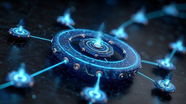 Futuristic data vortex with glowing blue lightning on dark reflective surface
