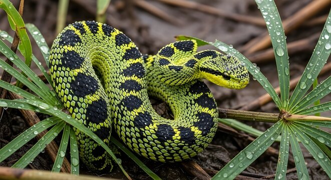 Emerald Bush Viper in S Curve Strike Pose &ndash; Detailed Scales and Dewy Wetland Close Up