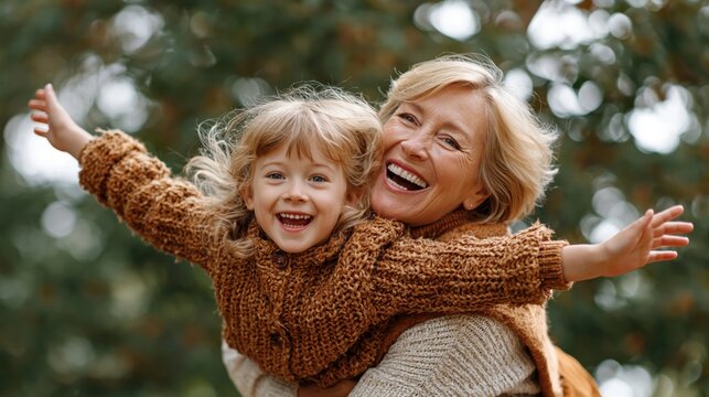 Joyful grandmother spinning her granddaughter around in a playful outdoor embrace