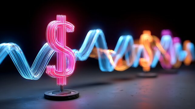 neon lit dollar sign with colorful wavy lines in dark background