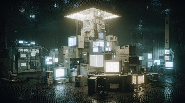 Cyberpunk computer room with old monitors and data