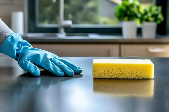 Gloved hand and sponge on dark countertop preparing for kitchen cleaning and sanitizing.