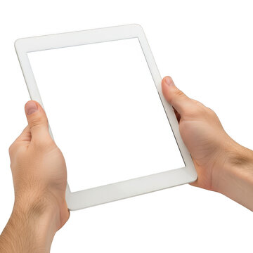 Hands holding a digital tablet displaying a blank screen Transparent Background, png.