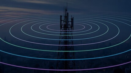 Fototapeta premium 5G Signal Tower Silhouette Radiating Luminous Concentric Wave Rings Outward with Each Ring Representing Different Frequency Bands in Teal Cyan and Purple Against Dark Skyline 