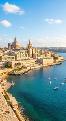 Obraz premium Coastal city skyline with domes and spires, boats dotting blue water