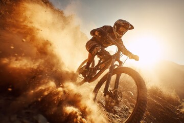 Fototapeta premium Mountain bike rider speeding on rocky trail