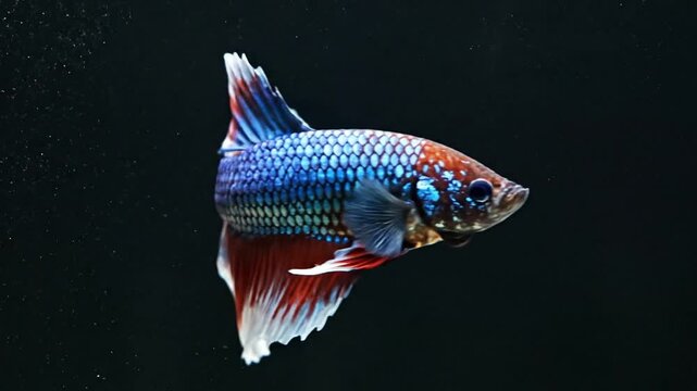 Colorful Siamese fighting fish swimming, blue and red betta fish in slow motion on black background, aquatic pet, beautiful fluid fin movement