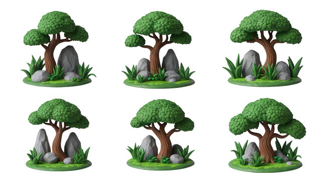 miniature clay trees and rocks composition isolated on white nature design concept for decorative purposes