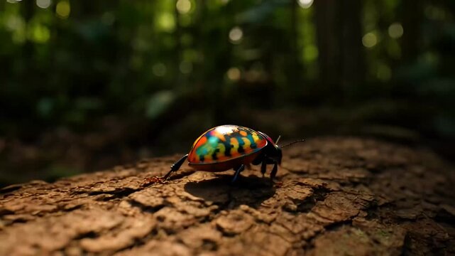 Vibrant multicolored beetle crawling on a log in a sunlit forest