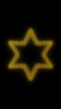 Golden Six-Pointed Star Frame, Digital Star Particles on Dark Background, Glowing Dot Grid Geometric Shape Border