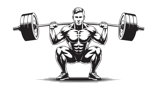 Muscular Man Lifting Weights in Squat Position, Black and White Illustration