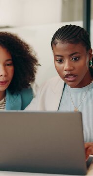 Laptop, meeting and planning with business people in office for brand awareness, team and project. Target audience research, collaboration and social media marketing with women in creative agency